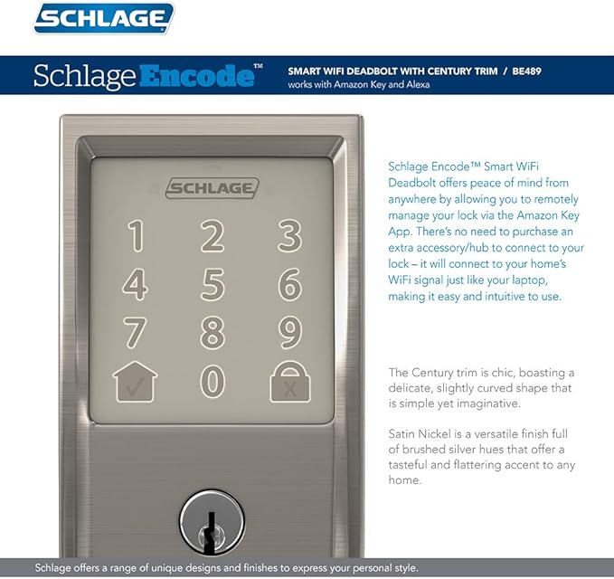 Schlage Encode Wi-Fi Smart Lock with Century Handleset Entry Set for Front Door, Satin Nickel SchlageLockCompany