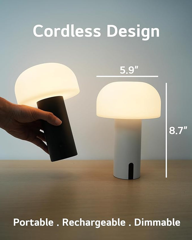 Outdoor Mushroom Table Lamp Rechargeable, Cordless Lamps for Patio Waterproof, Portable Battery Operated Lamp with USB Charging, Touch Dimming Night Light for Home/Porch/Restaurant (Black) - LeafyLoom