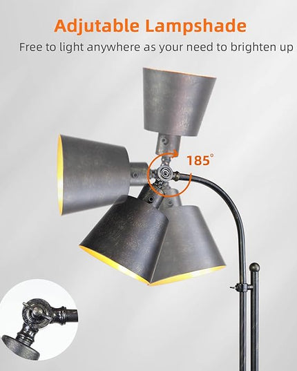 Floor Lamp, Industrial Floor Lamps for Living Rooms & Bedrooms - Rustic Farmhouse Reading Lamp Standing, Adjustable Metal Heads Indoor Task Lighting for Living Room Office Home Décor (Black01-3S) - LeafyLoom