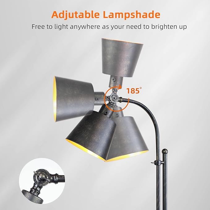 Floor Lamp, Industrial Floor Lamps for Living Rooms & Bedrooms - Rustic Farmhouse Reading Lamp Standing, Adjustable Metal Heads Indoor Task Lighting for Living Room Office Home Décor (Black01-3S) - LeafyLoom