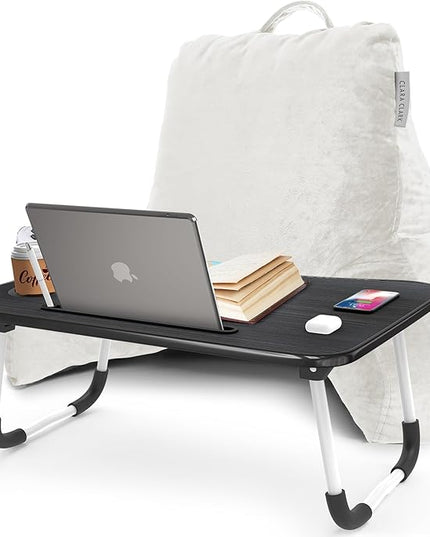 Clara Clark Reading Pillow with Portable Lap Desk for laptop Set, Back Pillow for Sitting Up in Bed, Memory Foam Back Support Pillow, Bed Rest Pillow with Foldable Laptop Desk, Standard - White - LeafyLoom