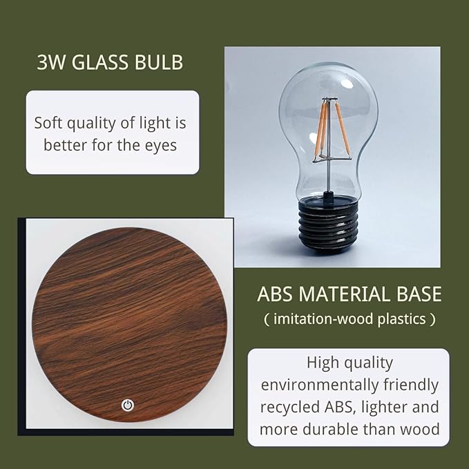 Levitating Bulb Lamp Magnetic Floating Lamp Light Desk Lamp Night Light Table LED for Unique Gifts, Room Decor, Night Light, Home Office Decor Desk Tech Toys (Round-Dark Brown Base) - LeafyLoom
