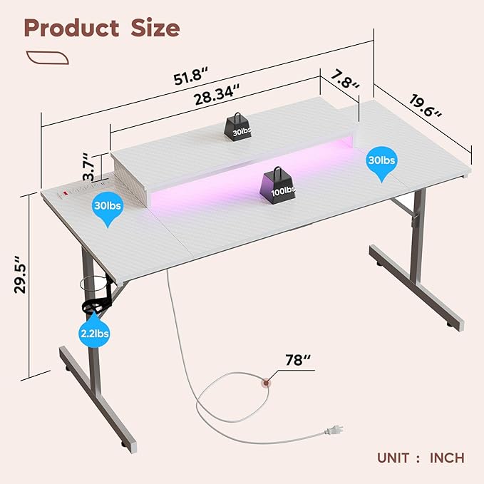 Bestier Small Gaming Desk with Power Outlets and USB Charging Ports, 52 inch Computer Desk with LED Lights and Monitor Stand, Gamer Desk for Home Office, Easy to Assemble, Carbon Fiber White - LeafyLoom