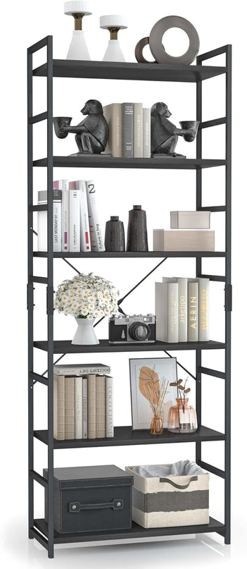 OTK 6 Tier Adjustable Bookshelf, Tall Bookcase, Office Shelf Storage Organizer, Modern Book Shelf for Living Room, Bedroom, and Home Office, Black - LeafyLoom