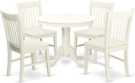 East West Furniture Antique 5 Piece Dinette Set for 4 Includes a Round Kitchen Table with Pedestal and 4 Dining Room Chairs, 36x36 Inch, Linen White - LeafyLoom