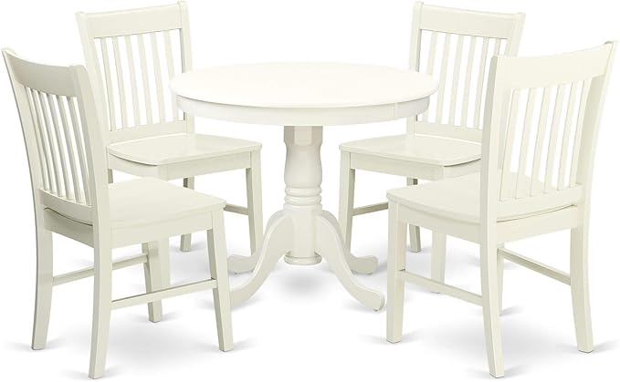 East West Furniture Antique 5 Piece Dinette Set for 4 Includes a Round Kitchen Table with Pedestal and 4 Dining Room Chairs, 36x36 Inch, Linen White - LeafyLoom