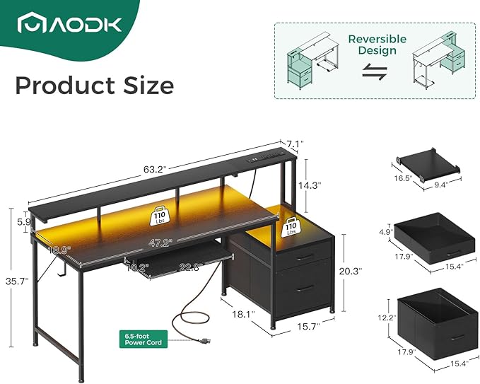 AODK 63 Inch Gaming Desk with Power Outlet & LED Light, Reversible Computer Desk with File Cabinet and Fabric Drawer, Office Desk with Keyboard Tray, Table with Full Monitor Riser and PC Stand, Black - LeafyLoom
