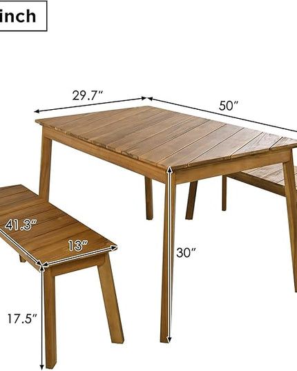 3-Pieces Patio Dining Set with Acacia Wood Tabletop and 2 Benches, Outdoor & Indoor Table and Chairs Furniture for Picnic Barbecue, Porch, Garden, Poolside, Onesize, Natural - LeafyLoom