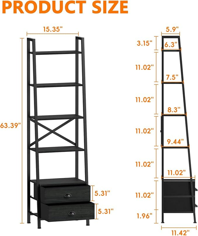Furologee 5-Tier Ladder Shelf with 2 Drawers,Narrow Bookshelf Storage Shelves,Industrial Bookcase Freestanding Shelf Units for Bedroom,Living Room,Bathroom,Home Office,Balcony,Wood Metal, Black Oak - LeafyLoom