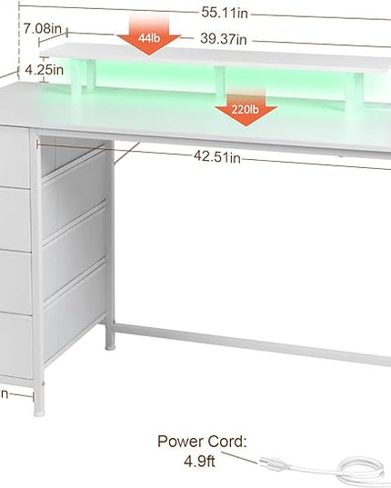 White Computer Desk with LED Light & Power Outlets, 55 Inch Gaming Desk with 4 Fabric Drawers, Office Desk with Monitor Stand, Work Writing Desk with Hooks for Home Office, Bedroom, HGD14WT - LeafyLoom