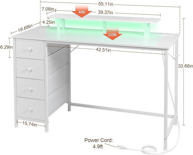 White Computer Desk with LED Light & Power Outlets, 55 Inch Gaming Desk with 4 Fabric Drawers, Office Desk with Monitor Stand, Work Writing Desk with Hooks for Home Office, Bedroom, HGD14WT - LeafyLoom