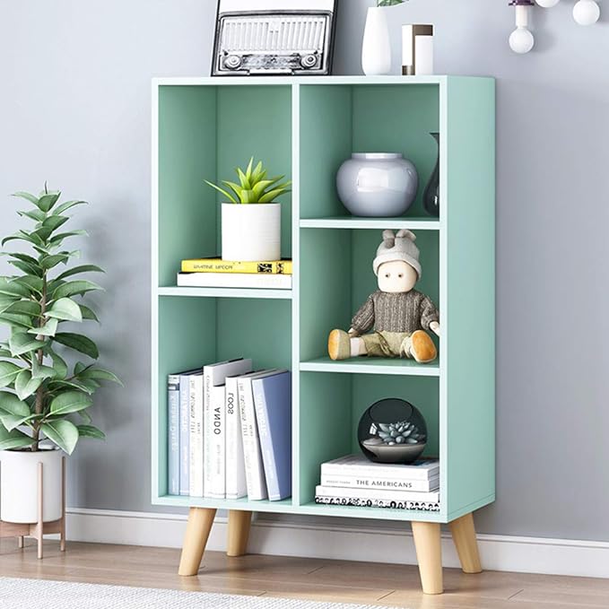 IOTXY Wooden Open Shelf Bookcase - 3-Tier Floorstanding Display Cabinet Rack with Legs, 5 Cubes Free Standing Bookshelf, Tiffany-Green - LeafyLoom