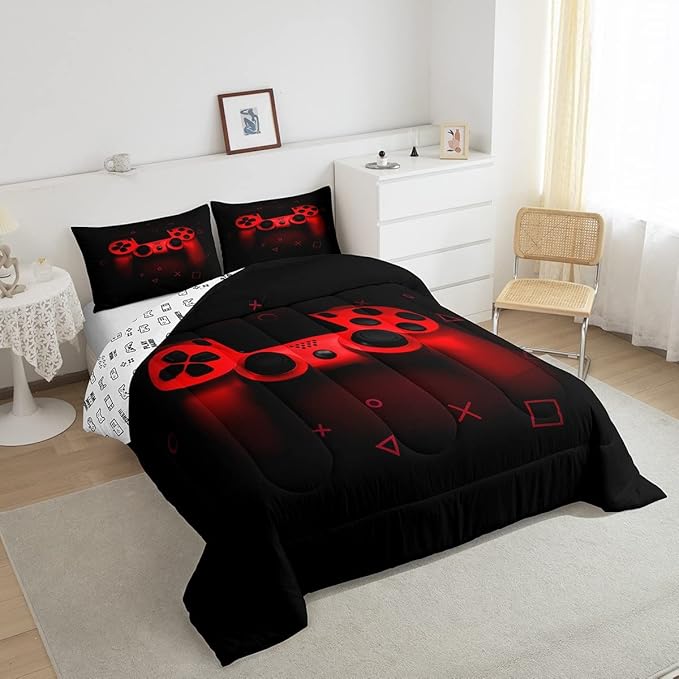 Boys Gamer Comforter Set Full Size,Gamepad Bedding Set Kids Young Man Video Games Down Comforter for Teen Child Game Room Decor Black Red Classic Retro Gaming Quilted Duvet Set with Pillowcase - LeafyLoom