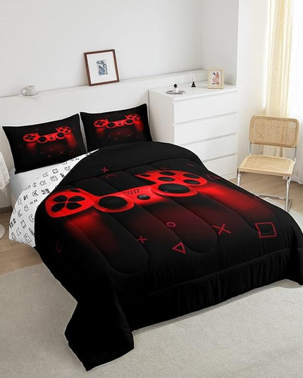Boys Gamer Comforter Set Twin Size,Gamepad Bedding Set Kids Young Man Video Games Down Comforter for Teen Child Game Room Decor Black Red Classic Retro Gaming Quilted Duvet Set with Pillowcase - LeafyLoom