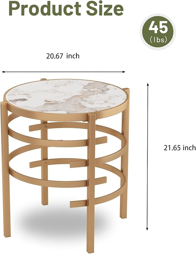 Round Coffee Table Coffee Tables for Living Room Sintered Stone Marble Top Sturdy Metal Frame (Golden, 20.67 inches) - LeafyLoom