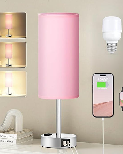 Pink Lamp for Bedroom Nightstand - 3 Way Dimmable Touch Table Lamp USB C Charging Ports, Small Lamp with AC Outlet for Desk Girls Room, LED Bulb Included - LeafyLoom