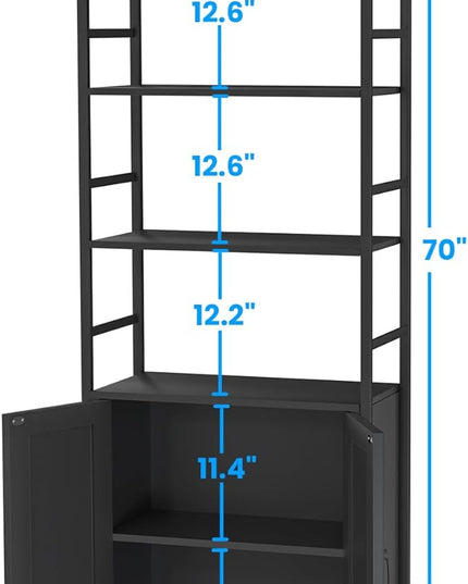 BLack Bookshelf with Doors,70" Tall Bookcase with Storage Cabinet,6 Tier Book Shelf for Living Room/Bedroom/Office/Kitchen,70"(H)*26"(L)*11.8"(W) - LeafyLoom