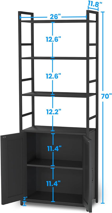 BLack Bookshelf with Doors,70" Tall Bookcase with Storage Cabinet,6 Tier Book Shelf for Living Room/Bedroom/Office/Kitchen,70"(H)*26"(L)*11.8"(W) - LeafyLoom