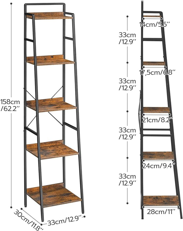 HOOBRO Bookcase, 5-Tier Narrow Bookshelf, Industrial Ladder Shelf, Skinny Bookshelf for Small Spaces, Corner Storage Shelf for Home Office, Living Room, Rustic Brown and Black BF35SJ01 - LeafyLoom