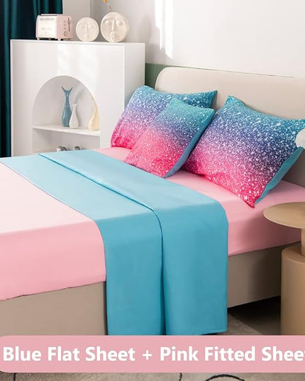 PERFEMET Girls Comforter Set Queen Size, 6 Piece Bed in A Bag, Colorful Rainbow Bedding Set with Comforter and Sheet, Gradient Pink Glitter Galaxy Bed Set for Teen Girls Kids Women, Blue Turquoise - LeafyLoom
