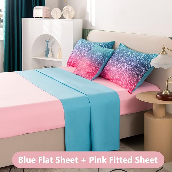 PERFEMET Girls Comforter Set Queen Size, 6 Piece Bed in A Bag, Colorful Rainbow Bedding Set with Comforter and Sheet, Gradient Pink Glitter Galaxy Bed Set for Teen Girls Kids Women, Blue Turquoise - LeafyLoom