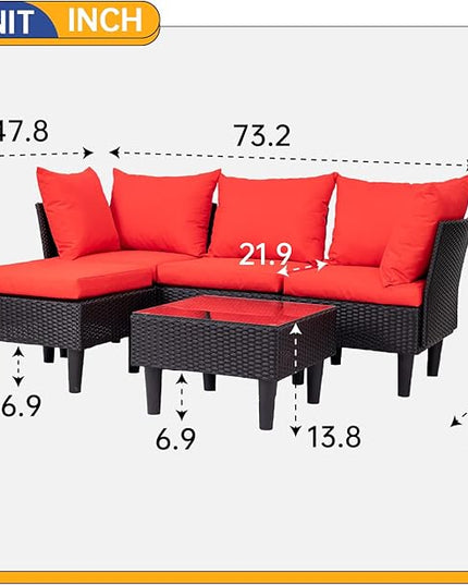 FDW Patio Furniture Sets 5 Pieces Outdoor Wicker Conversation Set Sectional Sofa Rattan Chair for Outdoor Backyard Porch Poolside Balcony Garden Furniture with Coffee Table,Red Cushion - LeafyLoom