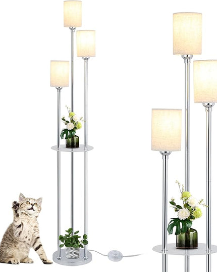 Floor Lamps for Living Room, 3-Lights Modern Floor Lamp with Shelves, Chrome Standing Lamp with Fabric Shade and Foot Switch, Shelf Standing Lamps with Table, Tall Lamps for Bedroom Office - LeafyLoom