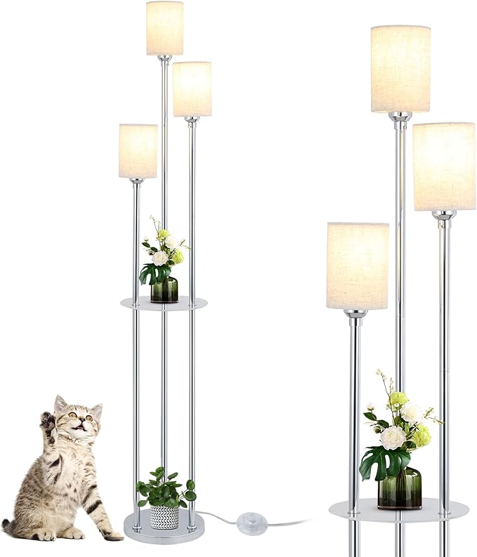 Floor Lamps for Living Room, 3-Lights Modern Floor Lamp with Shelves, Chrome Standing Lamp with Fabric Shade and Foot Switch, Shelf Standing Lamps with Table, Tall Lamps for Bedroom Office - LeafyLoom
