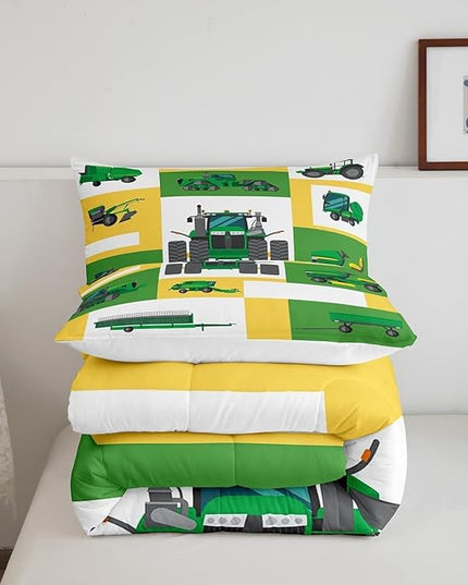 Boys Tractor Comforter Set King Kids Equipment Trucks Bedding Sets For Teens Bedroom Under Construction Quilt Set Excavator Vehicle Car Bedding Farmhouse Harvester Quilted Comforter,Green Yellow - LeafyLoom