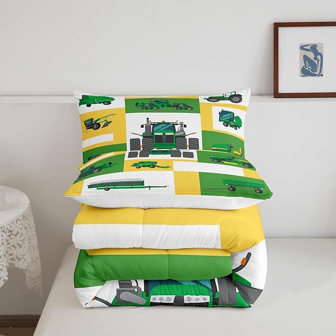 Boys Tractor Comforter Set King Kids Equipment Trucks Bedding Sets For Teens Bedroom Under Construction Quilt Set Excavator Vehicle Car Bedding Farmhouse Harvester Quilted Comforter,Green Yellow - LeafyLoom