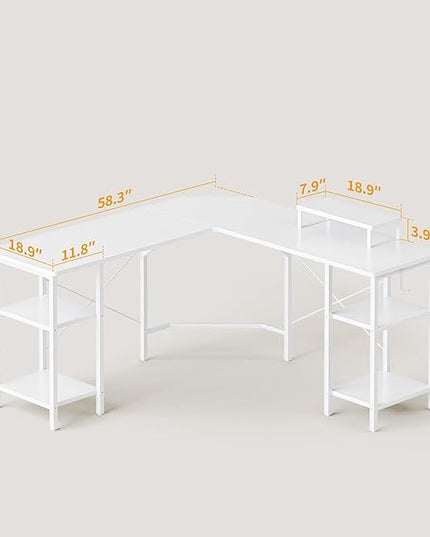 CubiCubi L Shaped Desk, 58.3 inch Computer Corner Desk with 2 Storage Shelves, Home Office Desk with Monitor Stand, White - LeafyLoom