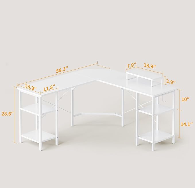 CubiCubi L Shaped Desk, 58.3 inch Computer Corner Desk with 2 Storage Shelves, Home Office Desk with Monitor Stand, White - LeafyLoom