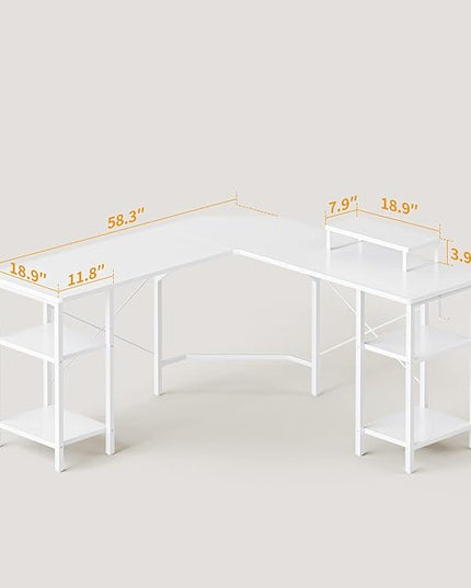 BANTI L Shaped Desk with Shleves, 58 inch Large Corner Desk with Two Storage, Space Saving, Easy to Assemble, White - LeafyLoom