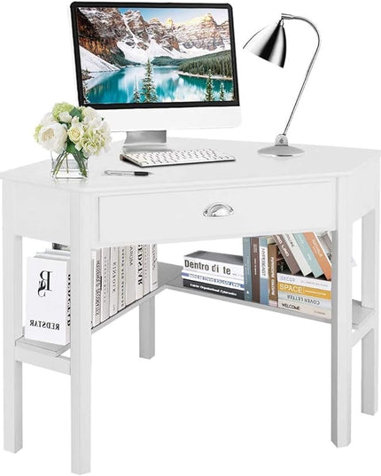 Nightcore Small, Wood Computer Desk, Compact Writing w/Drawer & Storage Shelves, Space Saving Study Workstation, Laptop PC Corner Table, White - LeafyLoom