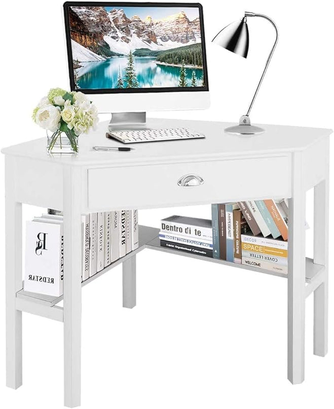 Nightcore Small, Wood Computer Desk, Compact Writing w/Drawer & Storage Shelves, Space Saving Study Workstation, Laptop PC Corner Table, White - LeafyLoom