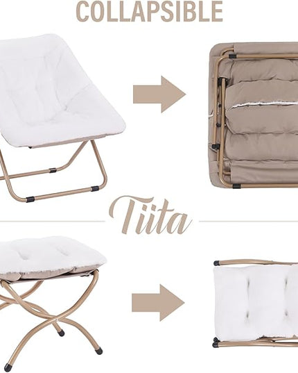 Tiita Saucer Chair with Ottoman, Soft Faux Fur Oversized Folding Accent Chair,Lounge Lazy Chair, Metal Frame Moon Chair for Bedroom, Living Room, Dorm Rooms, Garden and Courtyard - LeafyLoom