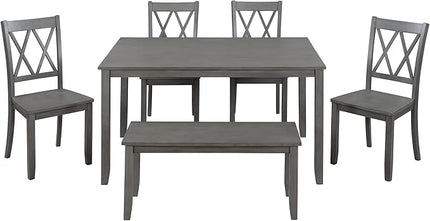 6-Piece Wood Rectangle Dining Table Set with Bench and 4 Cross Back Chairs for Kitchen Living Room, Farmhouse Rustic, Antique Graywash, 54" L x 36" W x 30" H - LeafyLoom