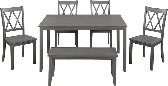 6-Piece Wood Rectangle Dining Table Set with Bench and 4 Cross Back Chairs for Kitchen Living Room, Farmhouse Rustic, Antique Graywash, 54" L x 36" W x 30" H - LeafyLoom
