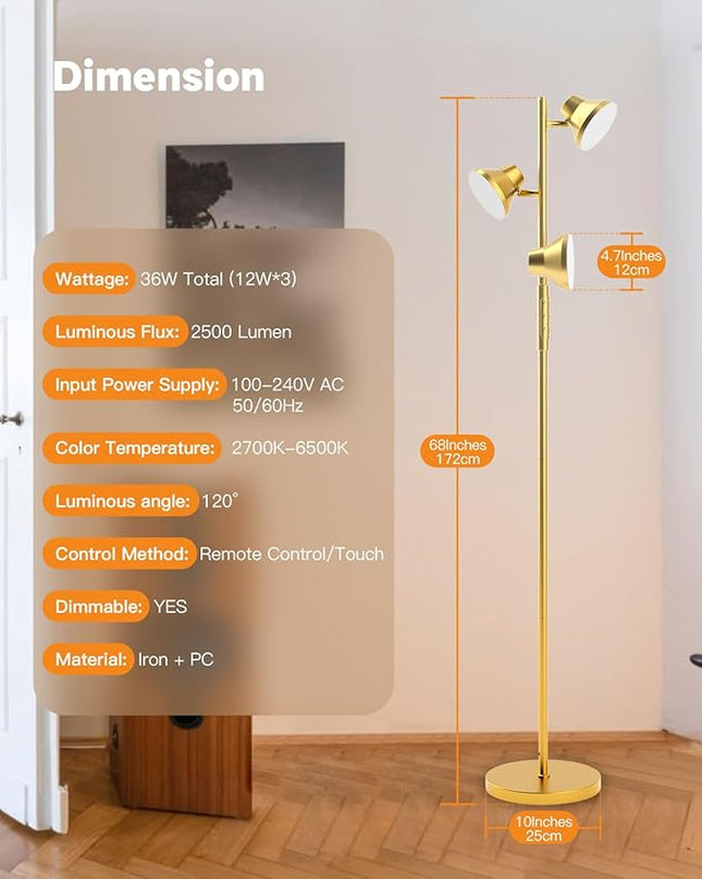 Gold Floor Lamp, 36W Modern LED Floor Lamp with Remote & Touch Control, 4 Color Temperatures, 3 Rotatable Lights, Floor Lamps for Living Room Bright Lighting, Bedroom, Office - LeafyLoom
