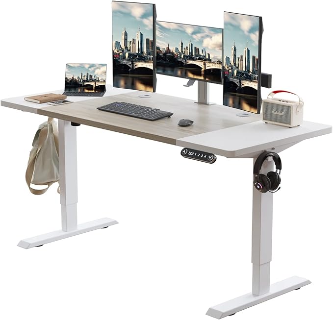 Radlove Electric Height Adjustable Standing Desk, 63x 30 Inches Stand Up Desk Workstation, Splice Board Home Office Computer Standing Table Ergonomic Desk (White+ Oak, 63x30'') - LeafyLoom