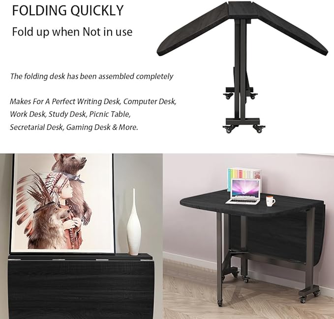 Multifunction Table Drop Leaf Dining Table - 47" Solid Wooden Foldable Kitchen Table with 6 Wheels (Black) - LeafyLoom