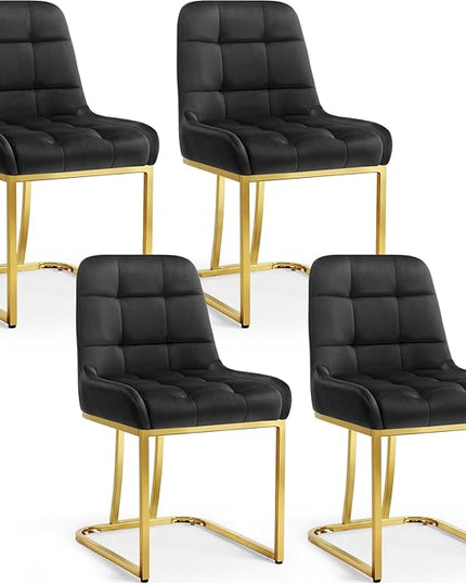 STARY Upholstered Velvet Armless Dining Room Chairs with Gold Metal Legs for Kitchen Restaurant, Black- Set of 4 - LeafyLoom