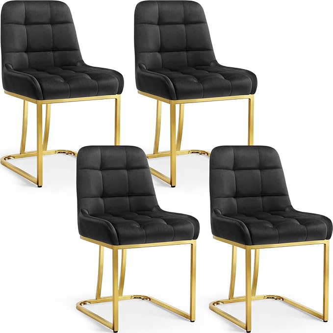 STARY Upholstered Velvet Armless Dining Room Chairs with Gold Metal Legs for Kitchen Restaurant, Black- Set of 4 - LeafyLoom