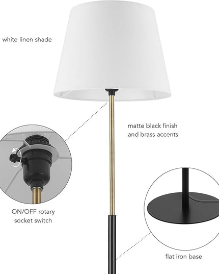 Globe Electric 61000051 60" Floor Lamp, Matte Black, Brass Accents, White Linen Shade, Flat Iron Base, On/Off Rotary Switch on Socket, Reading Lamp, Home Office Accessories, Home Décor - LeafyLoom