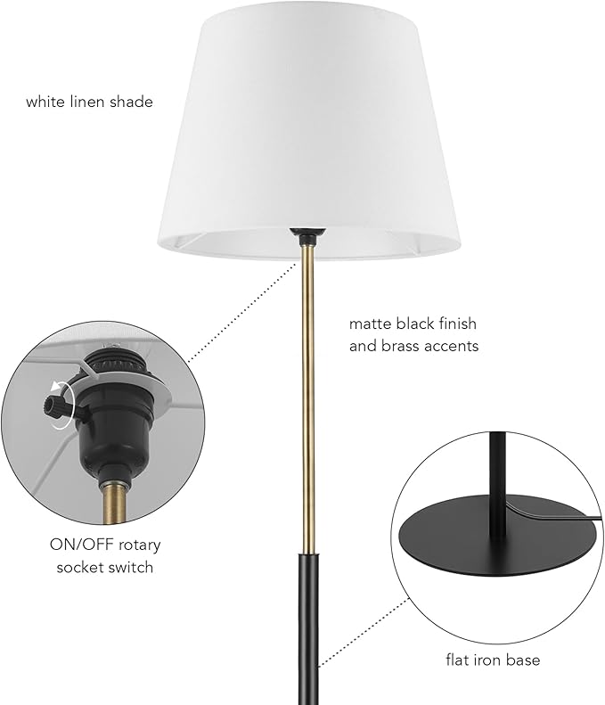 Globe Electric 61000051 60" Floor Lamp, Matte Black, Brass Accents, White Linen Shade, Flat Iron Base, On/Off Rotary Switch on Socket, Reading Lamp, Home Office Accessories, Home Décor - LeafyLoom