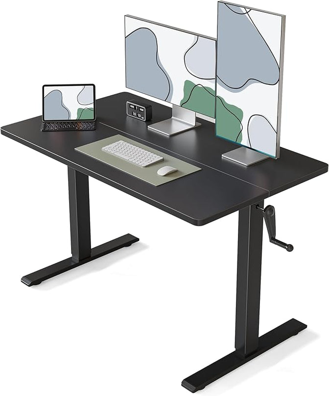 FEZIBO Crank Height Adjustable Desk, 48 Inches Manual Standing Desk, Writing Table with Handle, Home Office Desk with Black Frame/Black Table Top - LeafyLoom