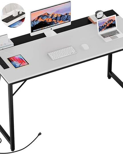 55 Inch Computer Desks with Power Outlets and USB Charging Ports, Modern Office Desk for Small Spaces, Sturdy Laptop PC Gaming Writing Table for Students, White and Black - LeafyLoom