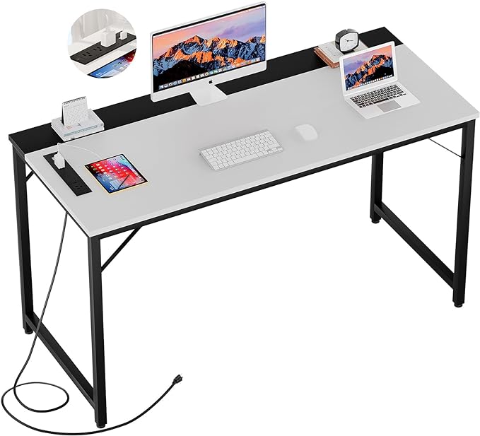 55 Inch Computer Desks with Power Outlets and USB Charging Ports, Modern Office Desk for Small Spaces, Sturdy Laptop PC Gaming Writing Table for Students, White and Black - LeafyLoom