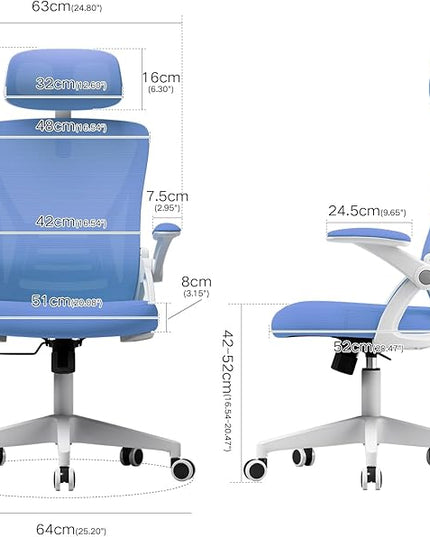 Ergonomic Office Chair, Mid Back Desk Chair with Adjustable Height, Swivel Chair with Flip-Up Arms and Lumbar Support, Breathable Mesh Computer Chair with Headrest (White and Blue) - LeafyLoom