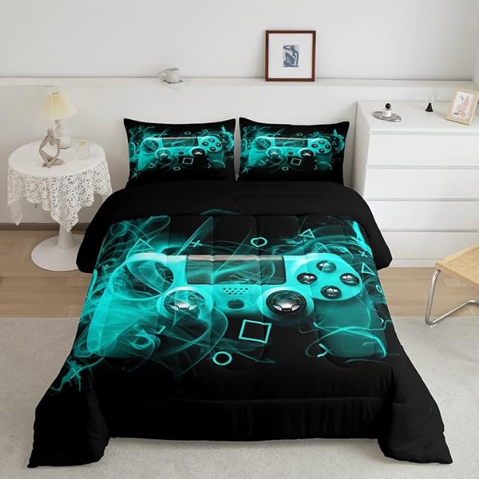 Feelyou Kids Gamer Comforter Set King Size Teens Gamepad Bedroom Decor for Boys Girls Video Game Controller Bedding Set Youth Gaming Console Comforter Blue Black Geometry with 2 Pillow Case - LeafyLoom